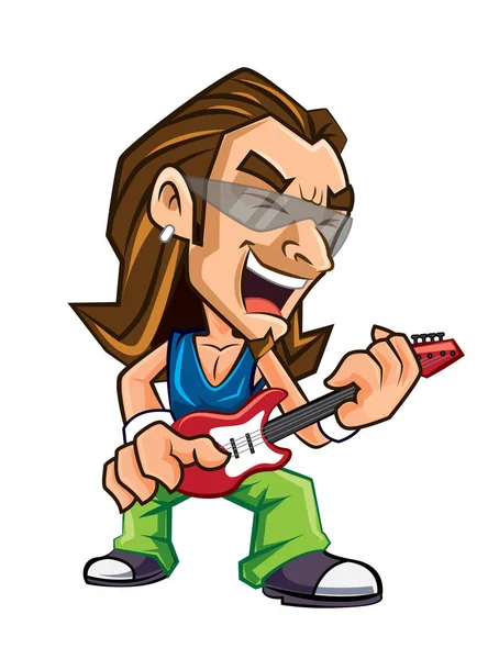 Cartoon Rock Star Character Playing Electronic Guitar Vector Character — Stock Vector