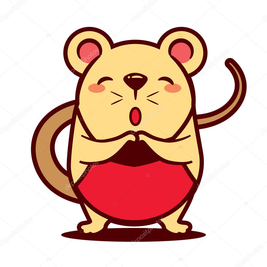 Cartoon cute rat with Chinese Dudou apron greeting Gong Xi Fa Cai. Chinese New Year. The year of the rat. - vector 