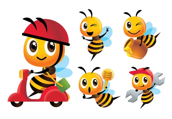 漫画かわいいミツバチベクトルマスコットセット 漫画かわいい蜂は スクーターの配信に乗って 蜂は蜂のディッパーを保持し キャップを着用し ハニーポットを運ぶ スパナツールを運ぶ 蜂ベクトル文字セット — ストックベクタ