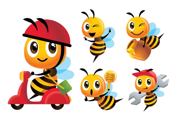 Karikatür sevimli arı vektör maskot seti. Karikatür sevimli arı scooter teslim sürmek, arı bir bal dipper tutar, kap giyer, bal pot taşır, bir spanner aracı taşır - Arı Vektör karakter seti