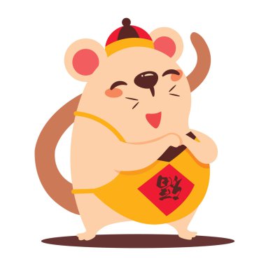 Çin dudou önlük tebrik Gong Xi Fa Cai ile Karikatür sevimli sıçan. Çin Yeni Yılı. Fare yılı. Çeviri: Blessing - Vektör düz sanat