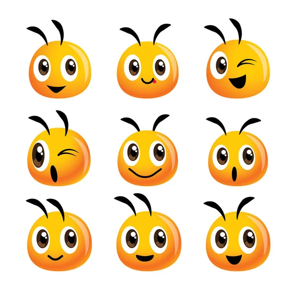 Cartoon Cute Bee Hoofd Mascotte Emoji Set Voor Boerderij Gezonde — Stockvector