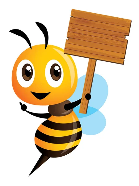 大きな木製の看板を持つ漫画かわいい幸せな蜂のキャラクター ベクトルマスコット孤立 — ストックベクタ