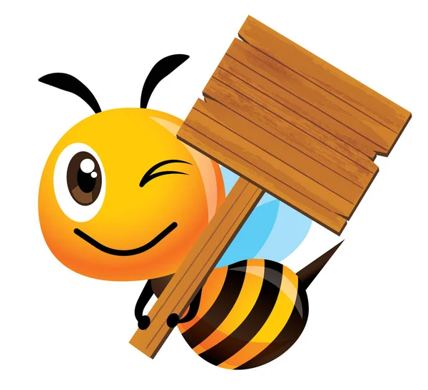 Dibujos Animados Linda Mascota Abeja Sonriente Con Gran Letrero Madera — Vector de stock