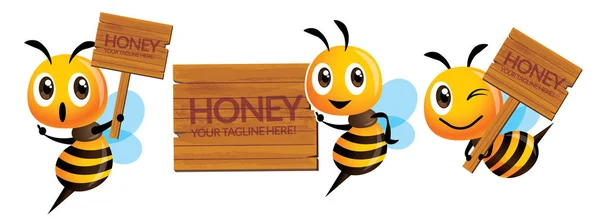 漫画かわいい蜂のマスコットセット 天然木製看板や看板付き漫画かわいい蜂 ベクトルキャラクターイラスト分離 — ストックベクタ