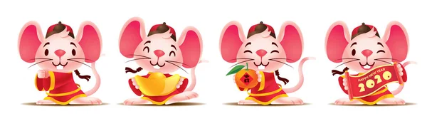 Desenhos Animados Bonito Mouse Definido Com Traje Chinês Tradicional Rato — Vetor de Stock