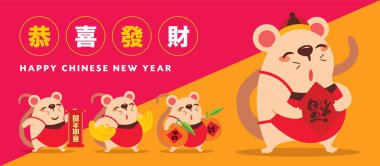 Çin yeni yıl 2020 yıl sıçan, kırmızı turuncu arka plan ile Çince parşömen tutan karikatür küçük sevimli sıçan karakteri. Çeviri: gong xi fa cai - vektör illüstrasyon afiş
