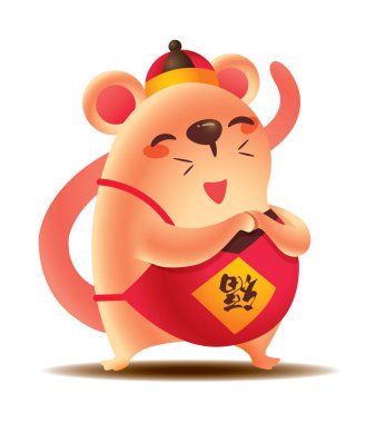 Çin Yeni Yılı 2020. Çince dudou mutlu Çin Yeni Yılı tebrik ile Karikatür sevimli sıçan. Fare yılı. Çeviri: Blessing - Vektör