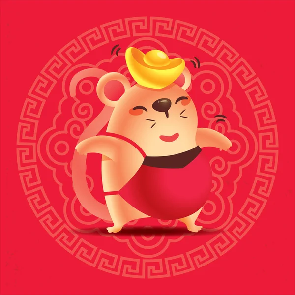 中国农历新年2020年 可爱的鼠头与金锭的传统东方饰品设计红色背景与书法字母 — 图库矢量图片