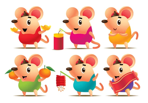 Chiński Nowy Rok 2020 Cartoon Cute Szczur Zestaw Kolorowym Tradycyjnym — Wektor stockowy