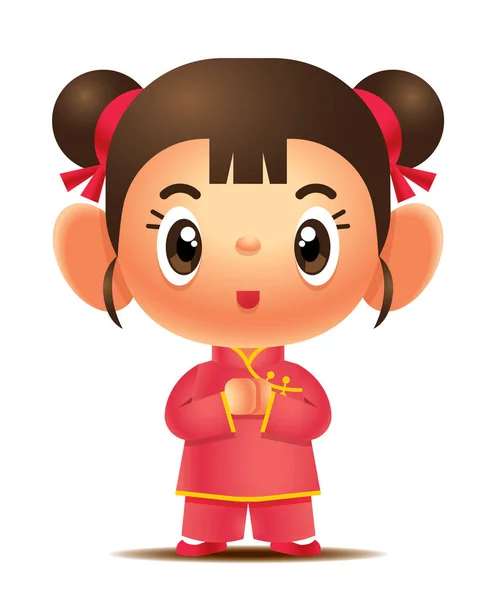 Kartun Lucu Gadis Mengenakan Tradisional Cina Cheongsam Keinginan Bahagia Cina - Stok Vektor