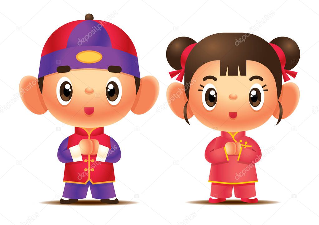 Cartoon cute chinese girl and boy character set. Chinese kids wishing happy chinese new year - vector mascot 