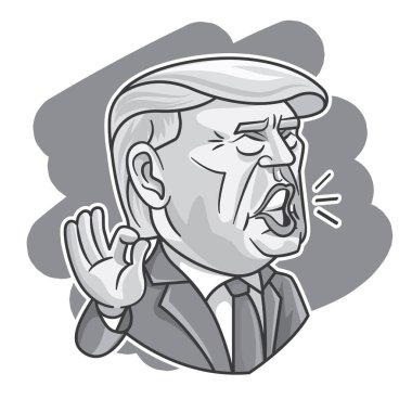 Başkan Donald Trump karikatür gri tonlu renkte imza el işareti ile konuşma yapıyor. - vektör karakteri