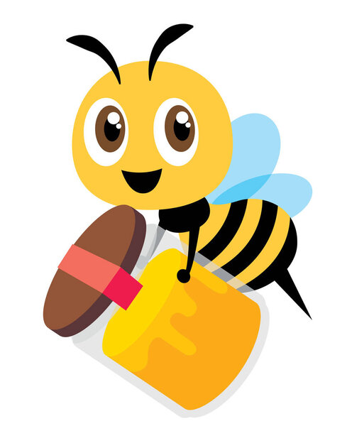 Cartoon cute bee holds a big bottle of  fresh honey product. Delivery fresh natural honey product to customer. - Flat art vector