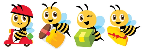 漫画かわいい蜂マスコットフラットアートベクトルセット 漫画かわいい蜂は 製品セットを提供します かわいい蜂に乗るスクーター かわいい蜂は有機蜂蜜のボトルを運ぶ フラットアートベクトルキャラクターセット — ストックベクタ