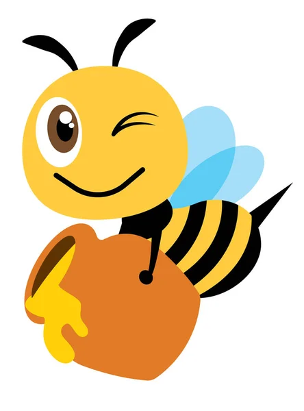 Cartoon Χαριτωμένο Ευτυχισμένη Μέλισσα Φέρει Ένα Μεγάλο Δοχείο Μέλι Γεμίζουν — Διανυσματικό Αρχείο