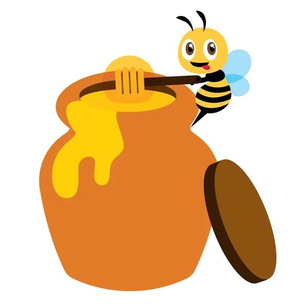 Cartoon Cute Bee Use Honey Dipper Take Honey Honey Pot — Stock Vector