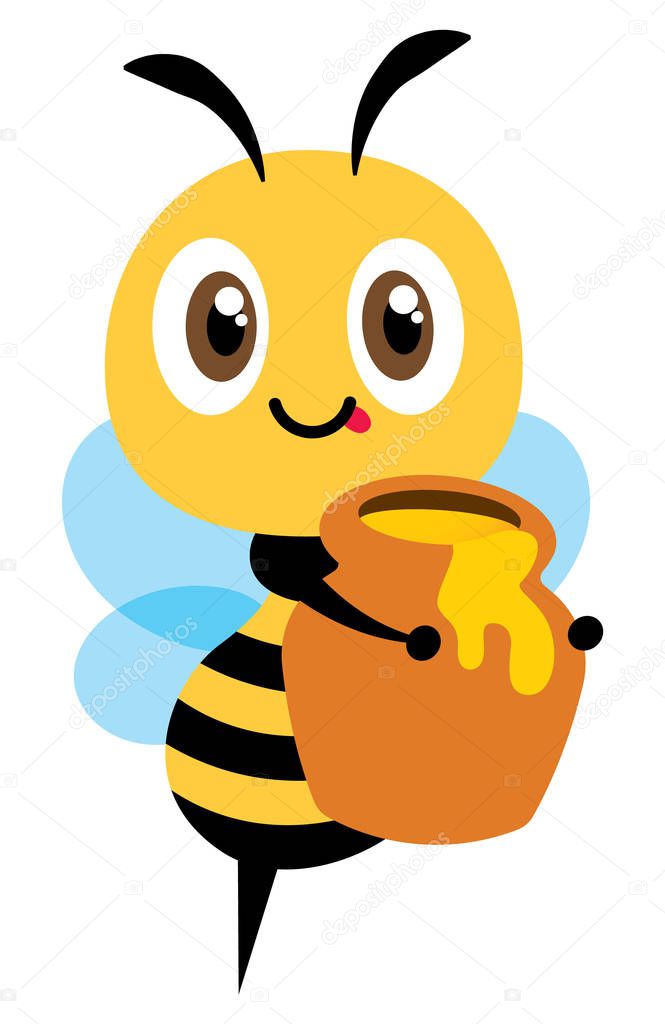 Cartoon cute bee holds a big honey pot. Fresh organic honey - Flat art vector character