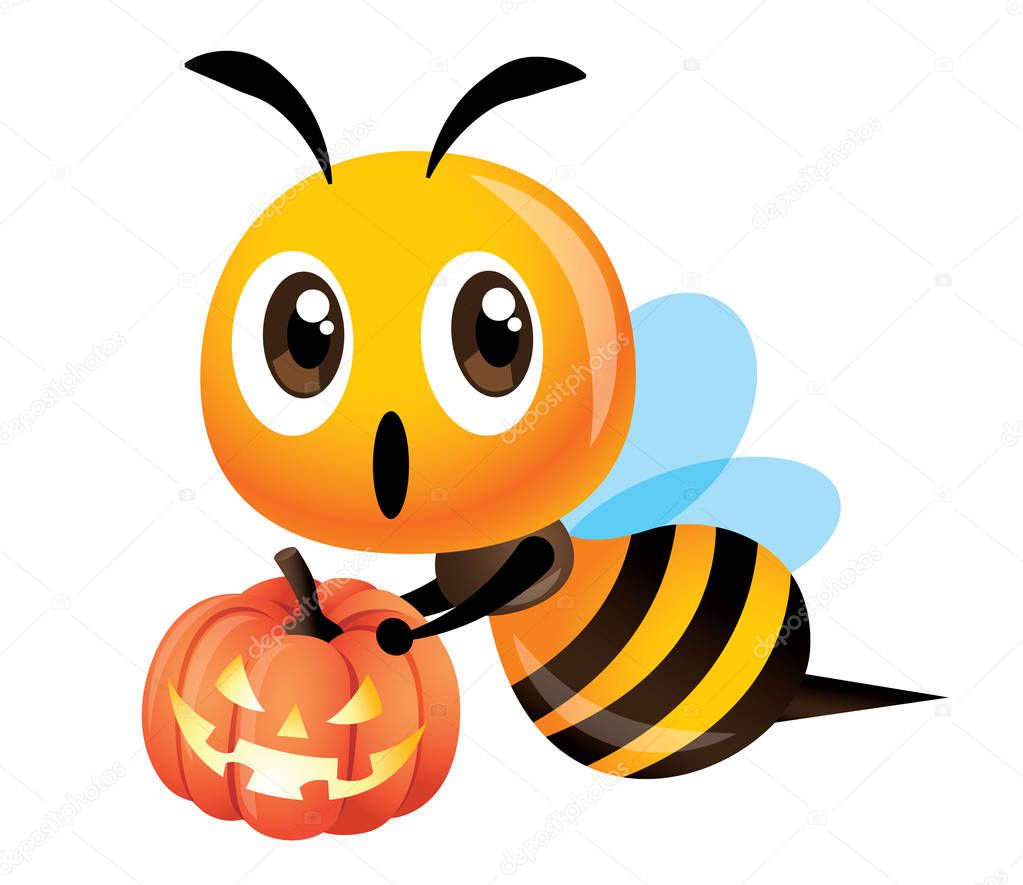 Happy Halloween. Cartoon cute bee holding a halloween pumpkin with light - vector character