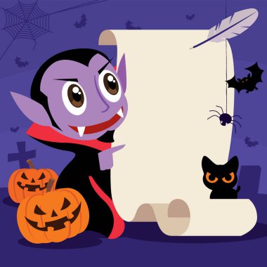 Mutlu Cadılar Bayramı. Cadılar Bayramı temalı parti geçmişi olan küçük sevimli Drakula vampir karakteri - vektör maskot karakter