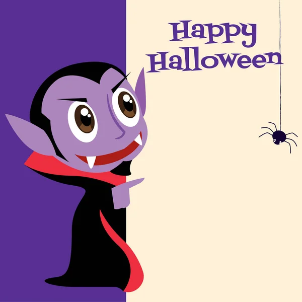 Joyeux Halloween Dessin Animé Mignon Vampire Dracula Pointant Vers Enseigne — Image vectorielle