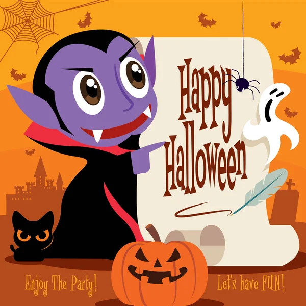 Joyeux Halloween Petit Vampire Dracula Mignon Avec Calligraphie Sur Papier — Image vectorielle