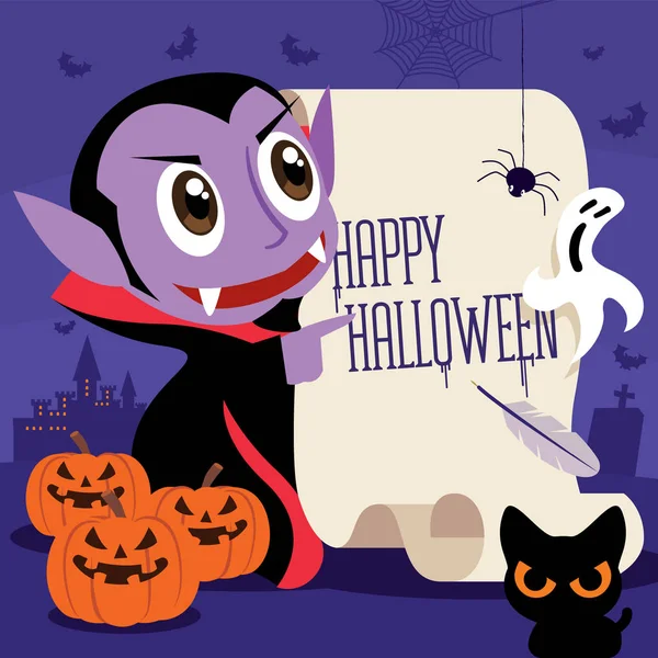Joyeux Halloween Petit Personnage Vampire Dracula Mignon Avec Papier Rétro — Image vectorielle