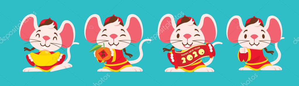 Año Nuevo chino 2020. Dibujos animados lindo juego de personajes de ratón con traje tradicional chino. El año de la rata. Traducción: suerte (naranja) - arte plano vector rata carácter conjunto 2023 Año Nuevo chino 2020. Dibujos animados lindo juego de personajes de ratón con traje tradicional chino. El año de la rata. Traducción: suerte (naranja) - arte plano vector rata carácter conjunto 2023