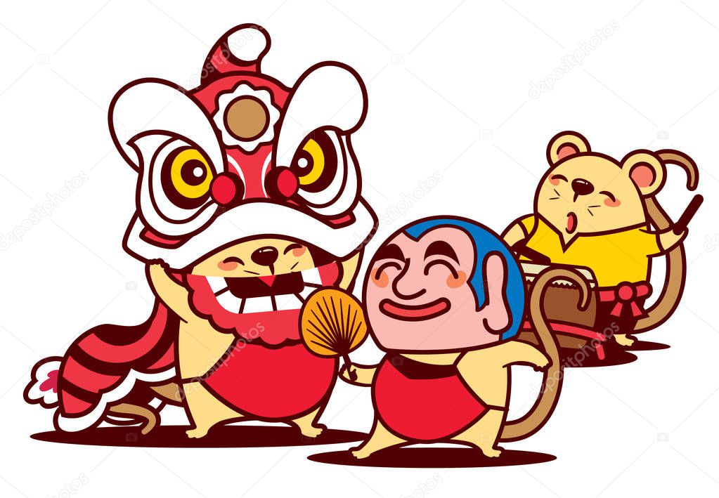 Cartoon cute rat enjoy lion dance with big head buddha and cute rat playing drum. Chinese New Year 2020 - vector 