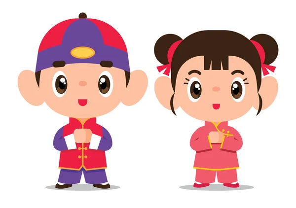 Kartun Lucu Gadis Cina Dan Karakter Laki Laki Set Seni - Stok Vektor