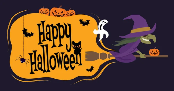 Joyeux Halloween Personnage Sorcière Bande Dessinée Volant Sur Balai Avec — Image vectorielle