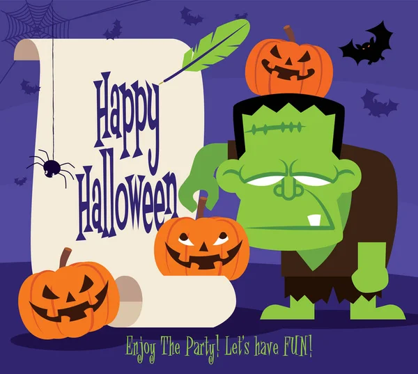 Joyeux Halloween Cartoon Personnage Monstre Vert Tenant Citrouille Halloween Avec — Image vectorielle