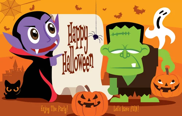 Joyeux Halloween Petit Vampire Dracula Mignon Personnage Monstre Vert Avec — Image vectorielle