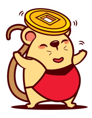 Beyaz arka planda altın sikke taşıyan sevimli fare karakteri.