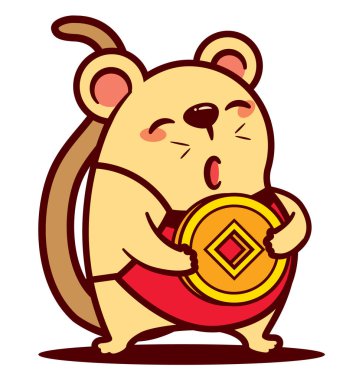 Beyaz arka planda altın sikke taşıyan sevimli fare karakteri.