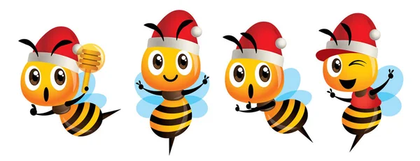 Merry Christmas Cartoon Cute Bee Mascot Set Cartoon Cute Bee — ストックベクタ