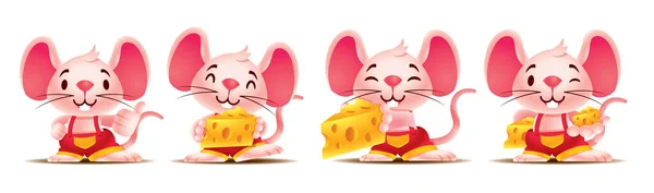 Jeu Souris Mignon Avec Grandes Oreilles Tenant Grands Fromages Suisses — Image vectorielle