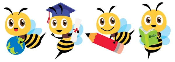 Bee, okul setine dön. Çizgi film şirin arı eğitim maskotu seti. Çizgi film sevimli arı mezuniyeti, elinde bir öğrenme kitabı, elinde bir dünya taşı, büyük kırmızı bir kalem taşı - vektör karakteri düz sanat