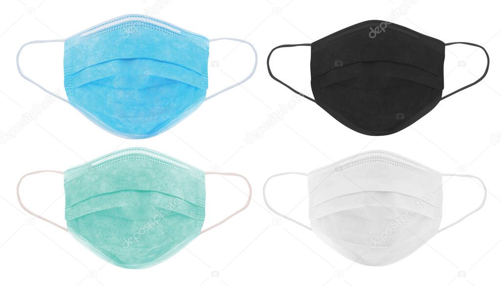 Set of 4 different colours of surgical protective mask to prevent coronavirus. Medical mask of various colours for protection against flu and other diseases - image