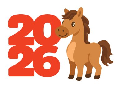 Çin Yeni Yılı 2026. At yılı, güzel bir çizgi film atıyla 2026 numaralı fotoğrafın yanında duruyor.