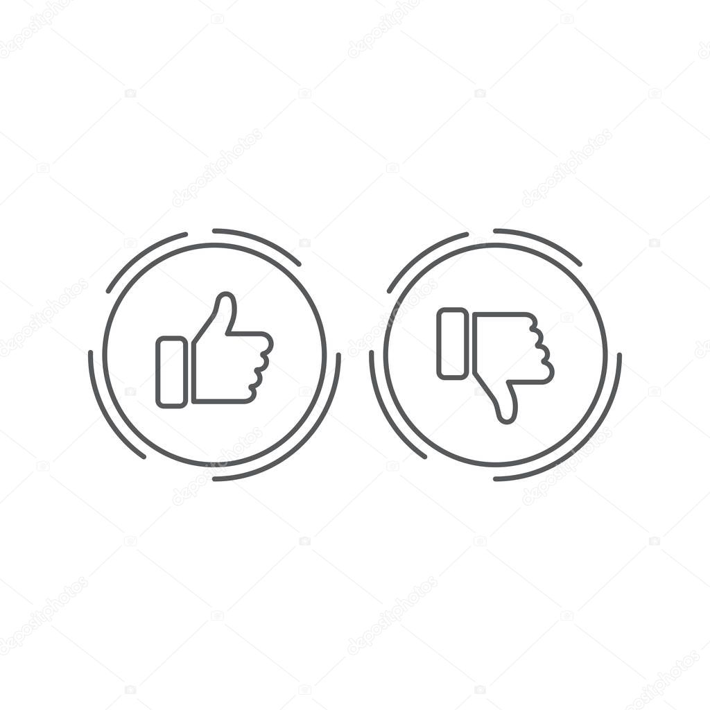 Thumbs up and thumbs down vector icon, isolated on white background