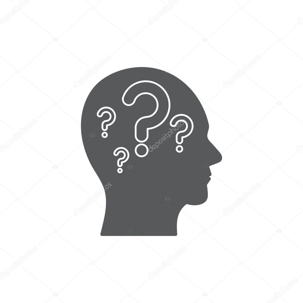 Head with question mark vector icon isolated on white background