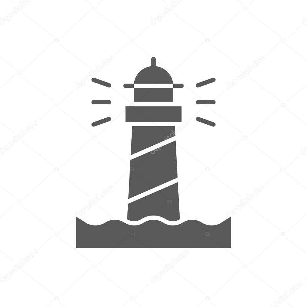 Lighting lighthouse and ocean water vector icon symbol isolated on white background
