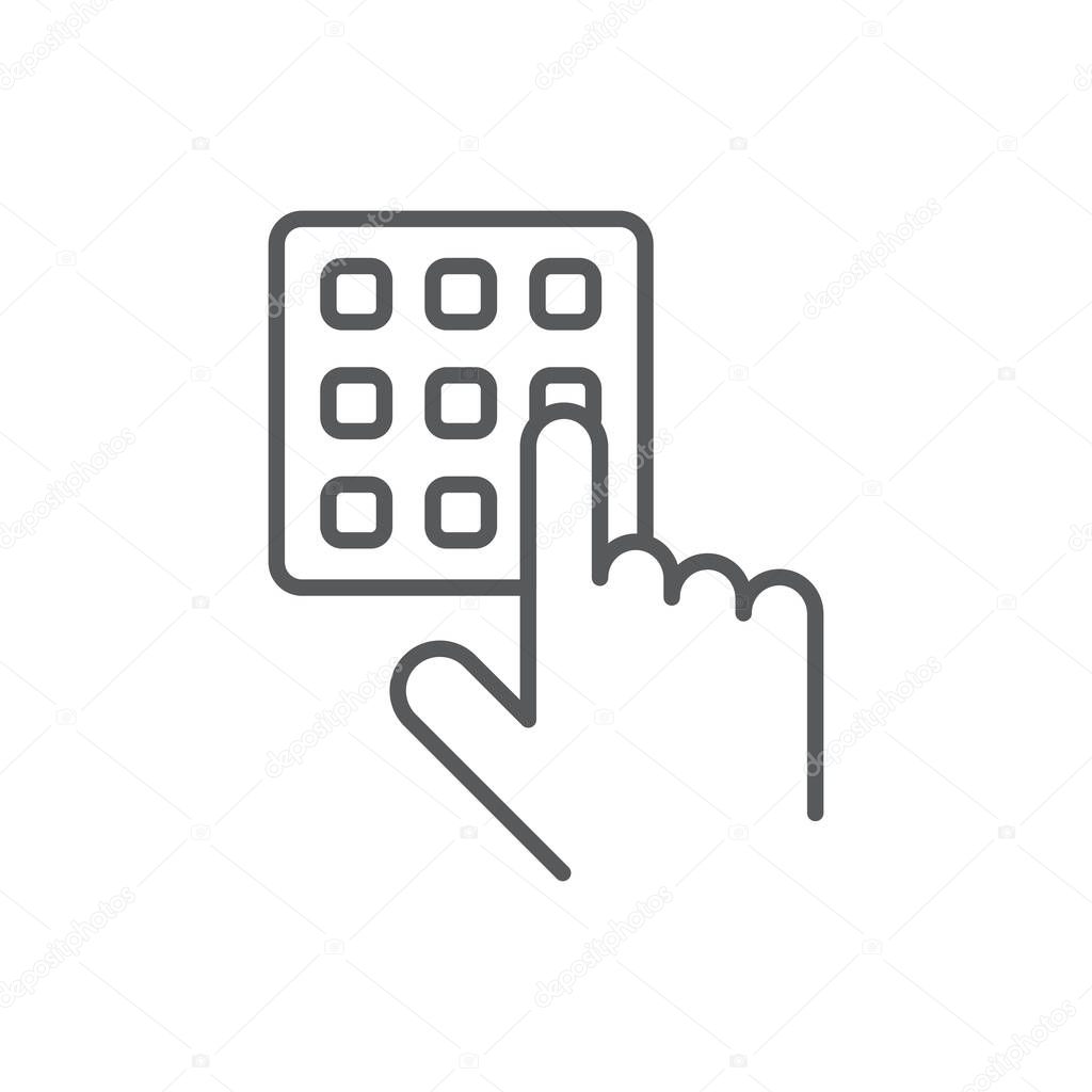 Hand and pin pad vector icon symbol isolated on white background