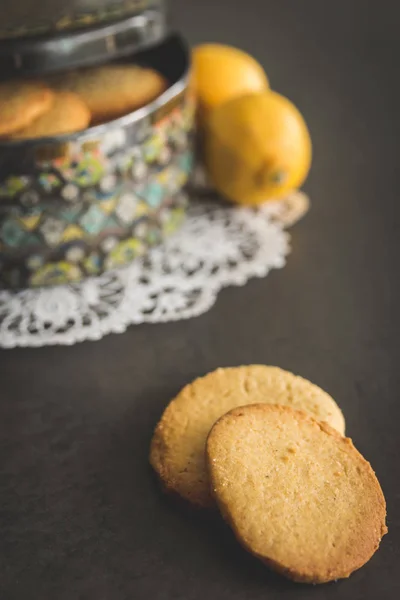 Fresh Homemade Lemon Cookies Dark Concrete Surface Vintage Cookie Jar — Stock Photo, Image