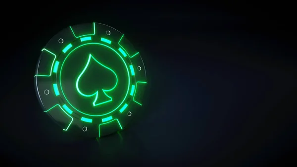 Casino Chip with glowing neon green lights and spades symbol isolated on the black background