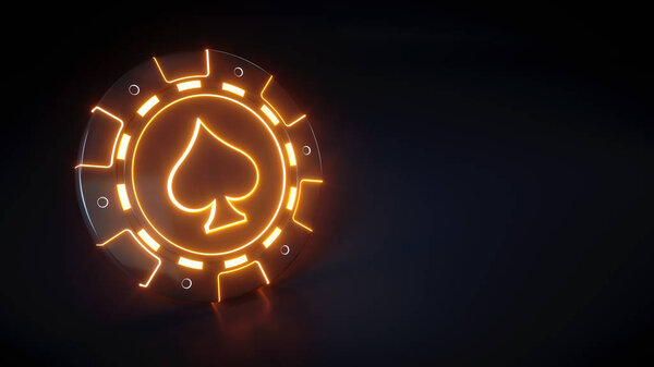 Чип казино со светящимися неоновыми оранжевыми огнями и символом пик, выделенными на черном фоне
