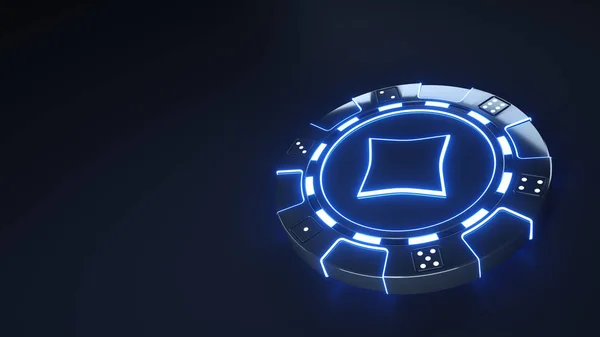 Casino Chip diamonds Concept with glowing neon blue lights and Dice dots isolated on the black background