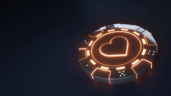 Casino Chip Harten Concept Met Gloeiende Neon Oranje Lichten Dobbelstenen — Stockfoto