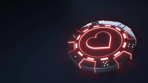 Casino Chip Harten Concept Met Gloeiende Neon Rode Lichten Dobbelstenen — Stockfoto